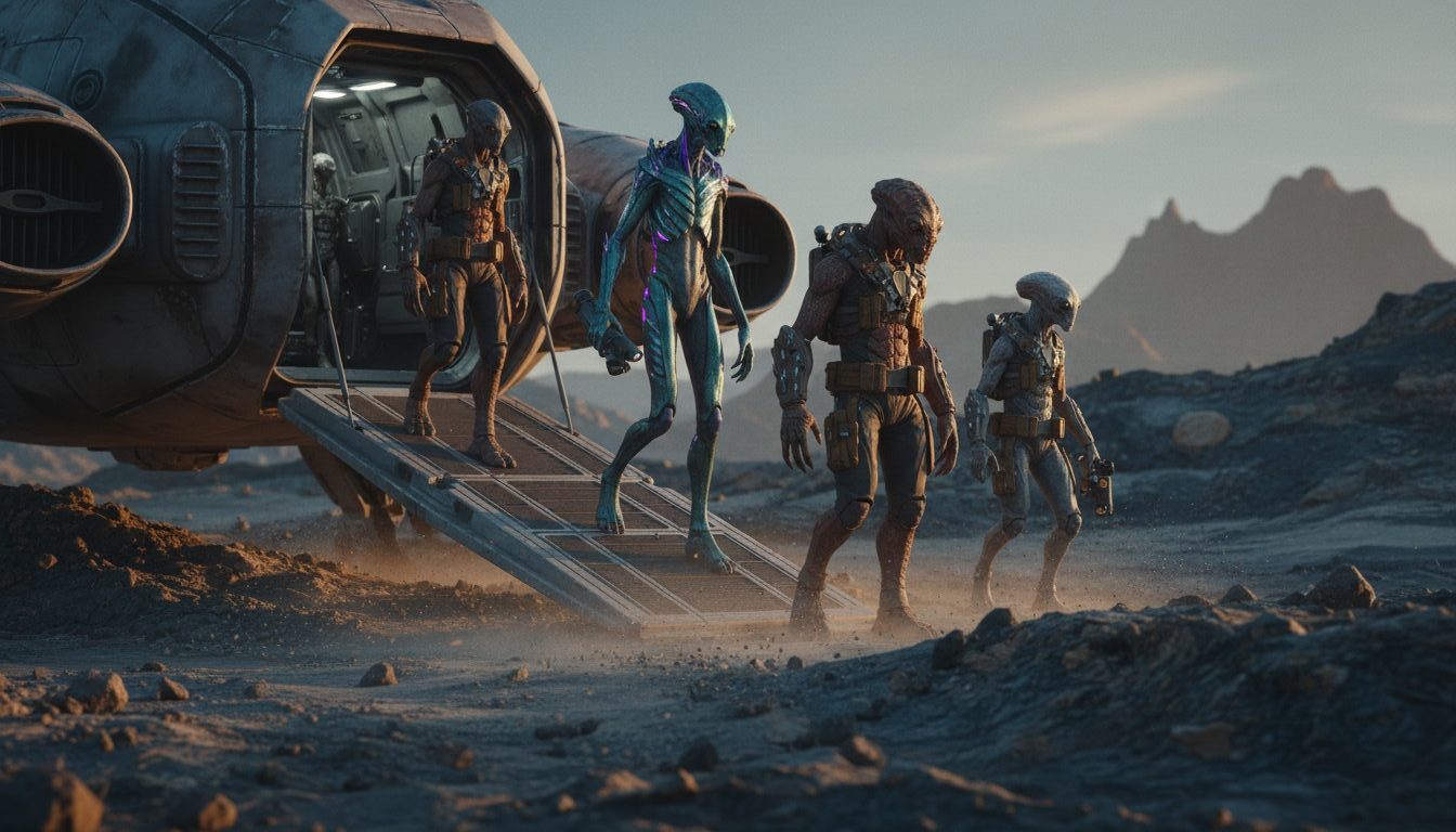 Diverse humanoid aliens leaving a spacecraft on a rocky planet