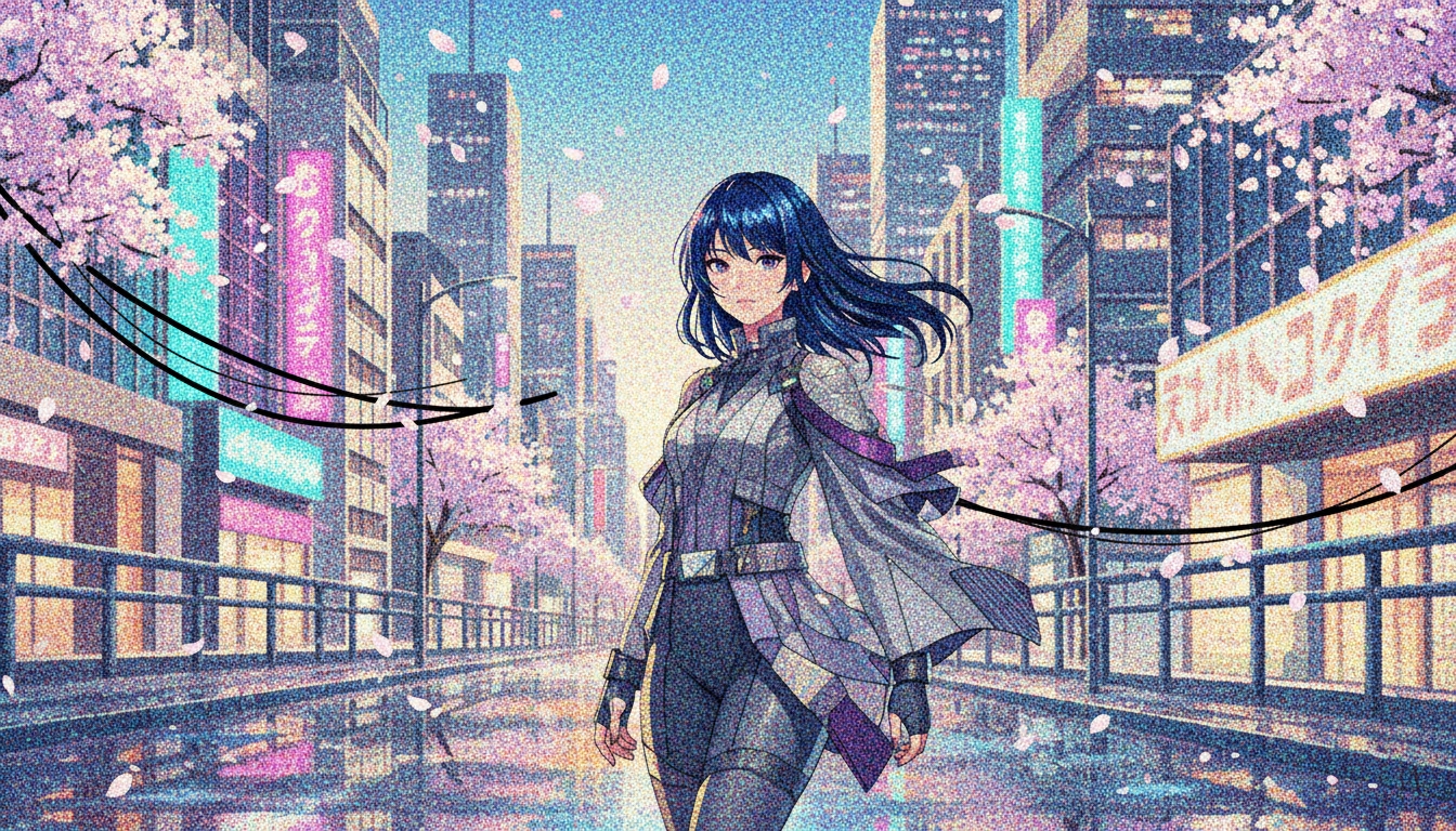 Anime-style woman standing on a neon-lit Japanese city street