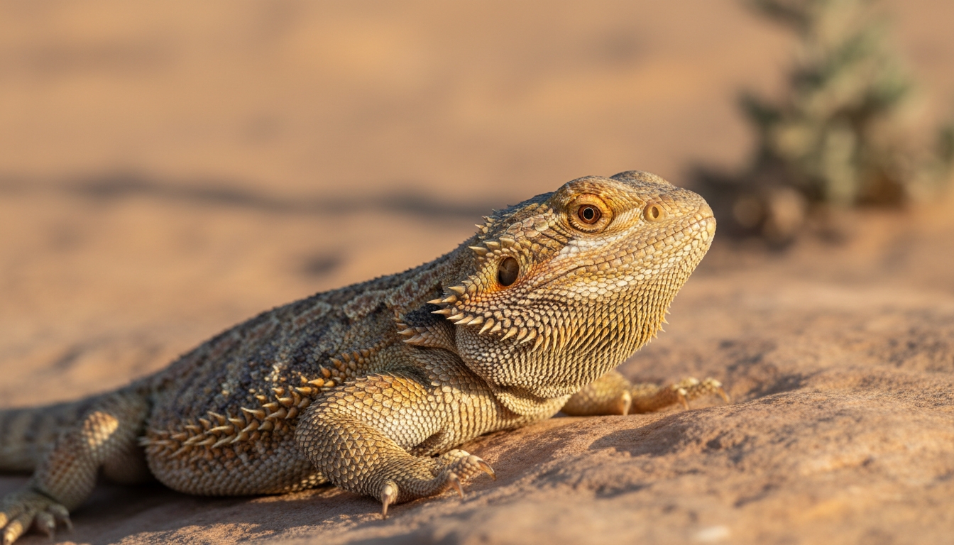 Bearded dragon resting on sandy ground in warm sunlight