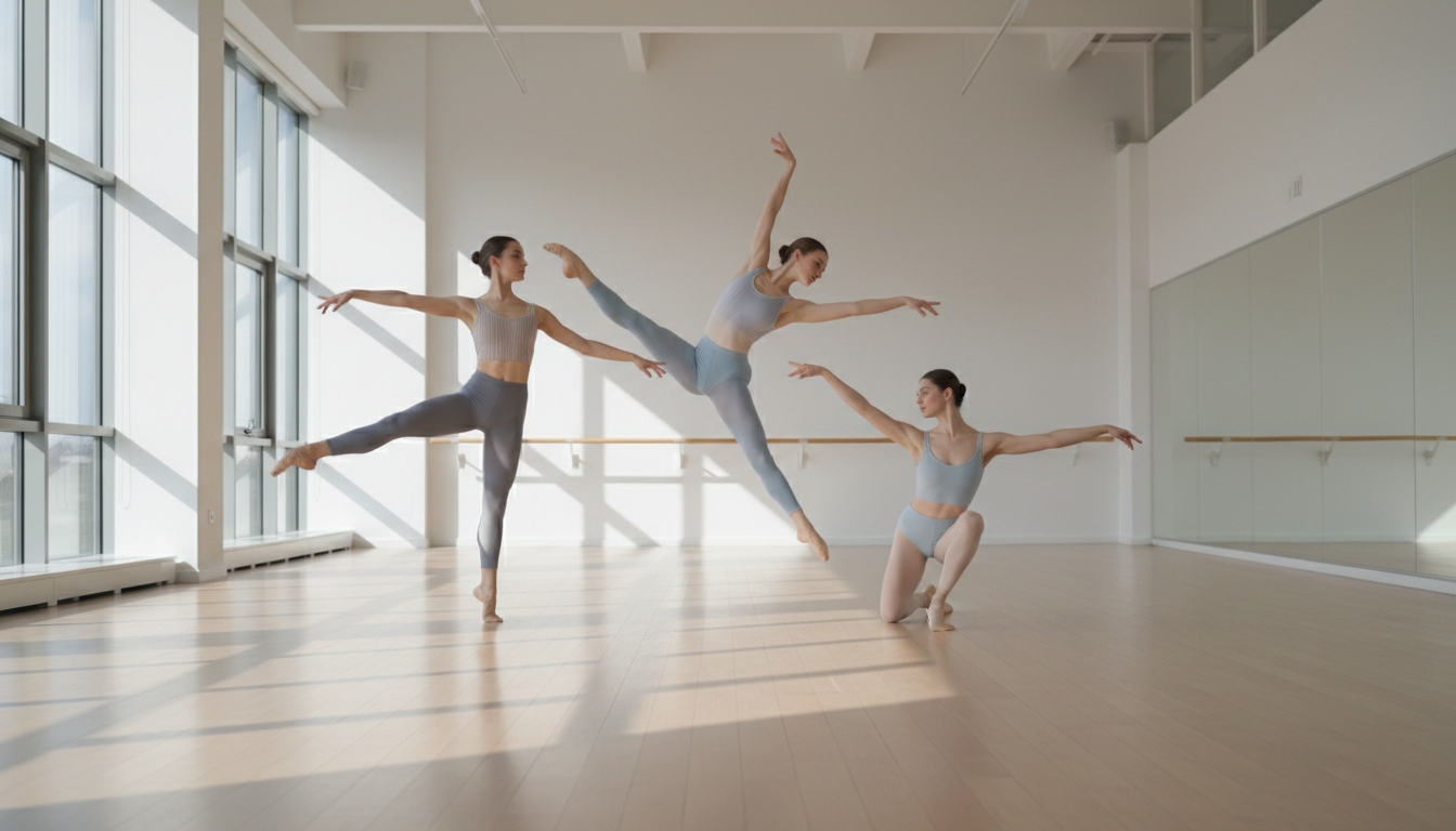 Ballet dancers rehearsing together in a bright studio
