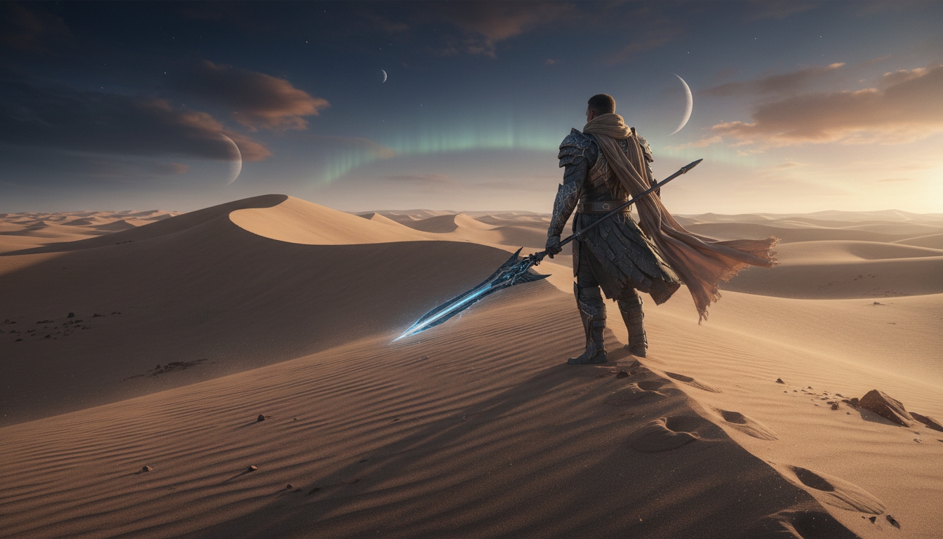 Lone desert warrior standing on sweeping sand dunes at sunset