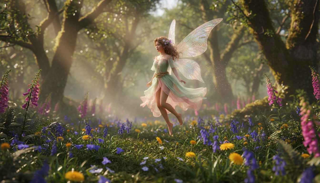 Fairy hovering above wildflowers in a sunlit forest clearing