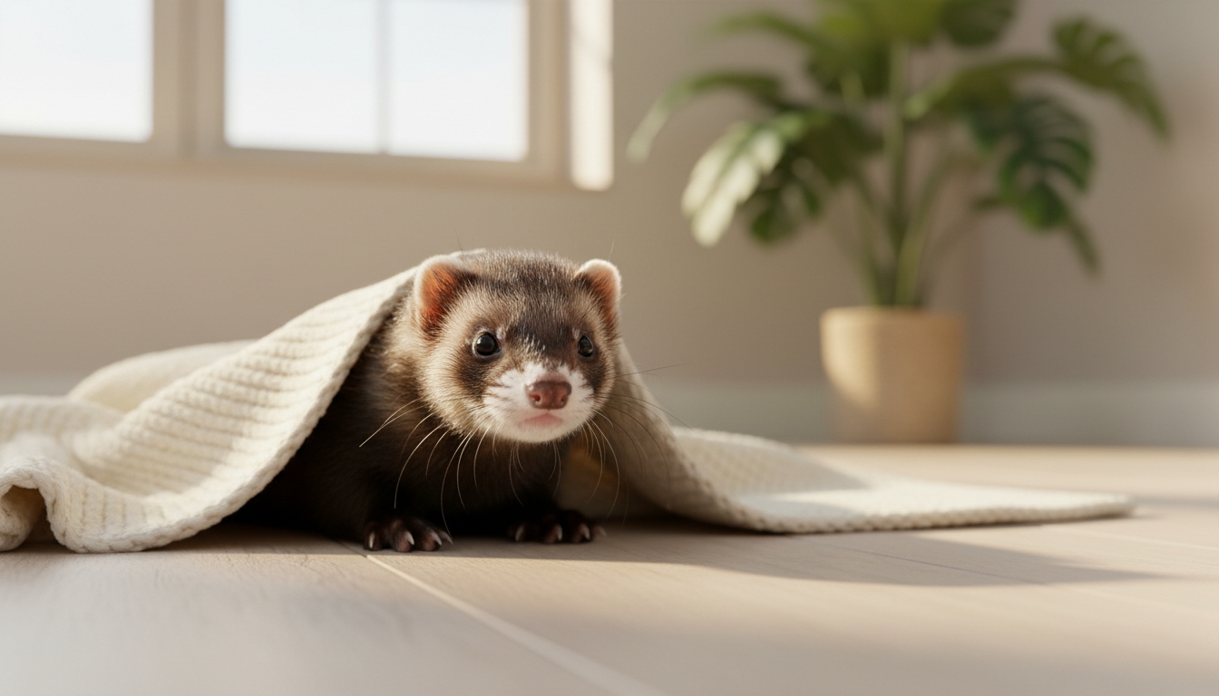 Ferret peeking from beneath a white blanket indoors