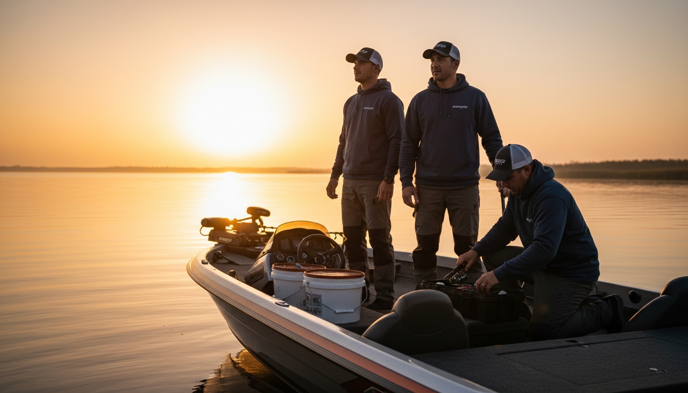Three anglers preparing fishing gear on a boat at sunset
