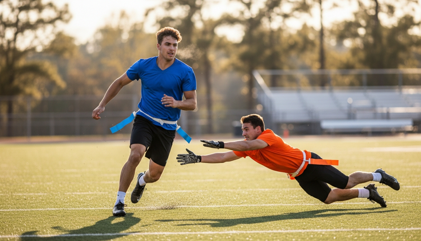 Flag football runner evading a defender reaching for his belt flag