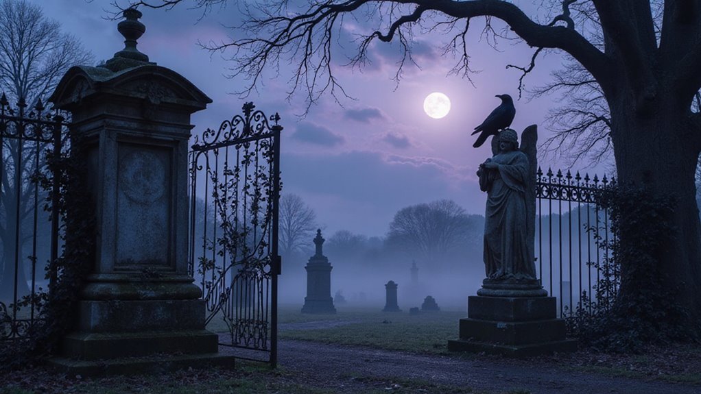 Moonlit cemetery gate with a raven perched on a stone statue
