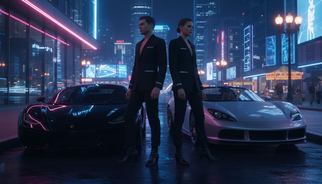 Two stylish figures standing beside sports cars on a neon-lit city street