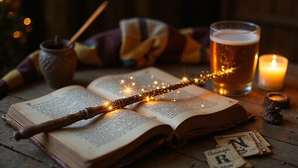 Open spellbook and glowing wand on a candlelit table