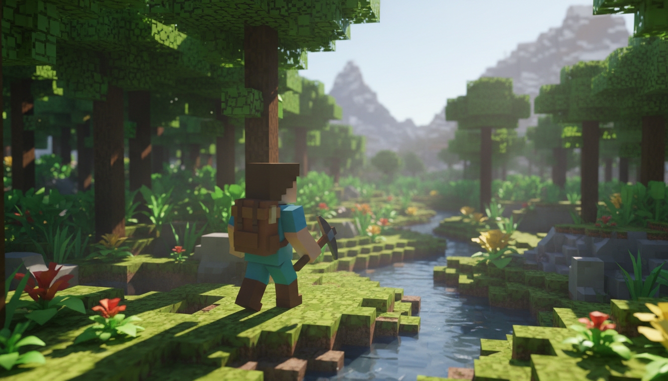 Block-style explorer walking through a lush pixelated landscape