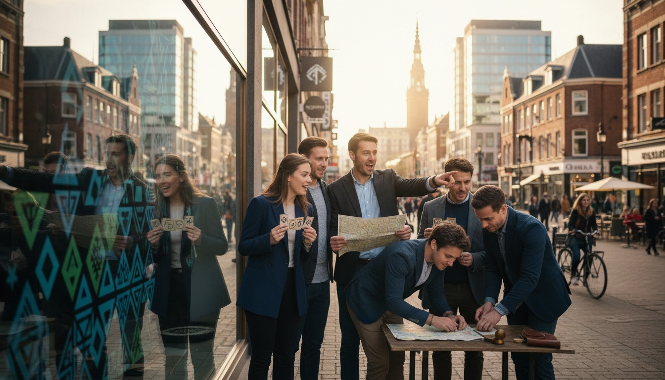 Group working together with maps and clues on a busy city street