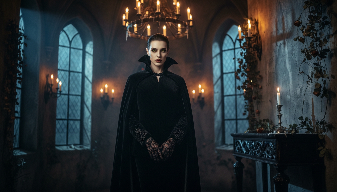 Pale vampire figure standing in a candlelit gothic room