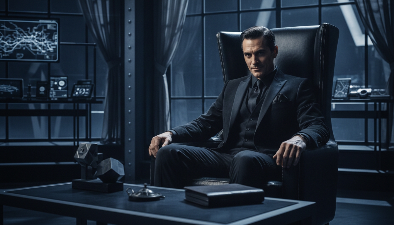 Man in a black suit seated in a dark high-tech room