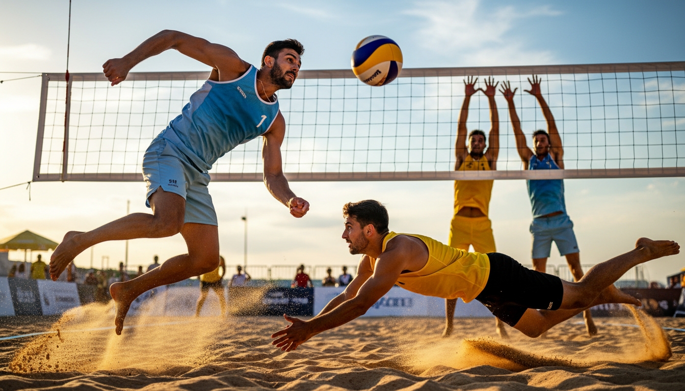 Beach volleyball players competing at the net on a sunny court