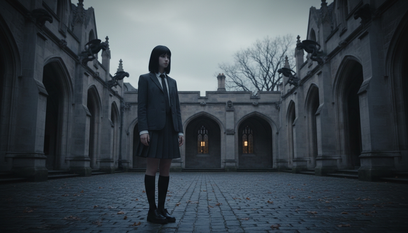 Young woman in black standing in a gloomy gothic courtyard