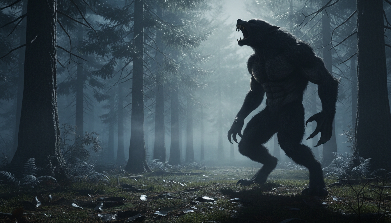 Werewolf standing in a dark misty forest