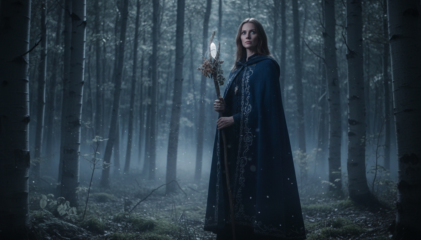 Witch holding a staff in a dark misty forest